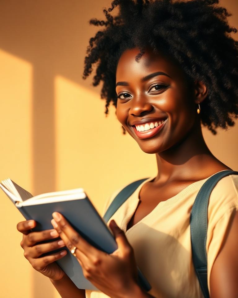 A student smiling, holding books